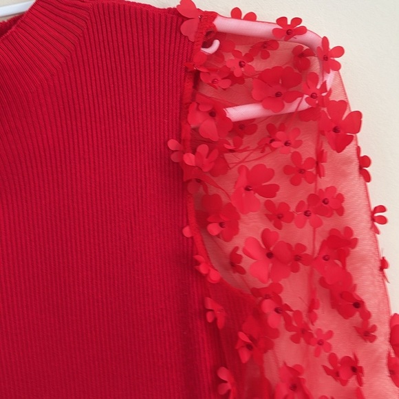 NO BOUNDARIES Red Ribbed Puffy Floral Sheer Sleeve Cable knit Sweater Dress NWOT - Picture 10 of 13